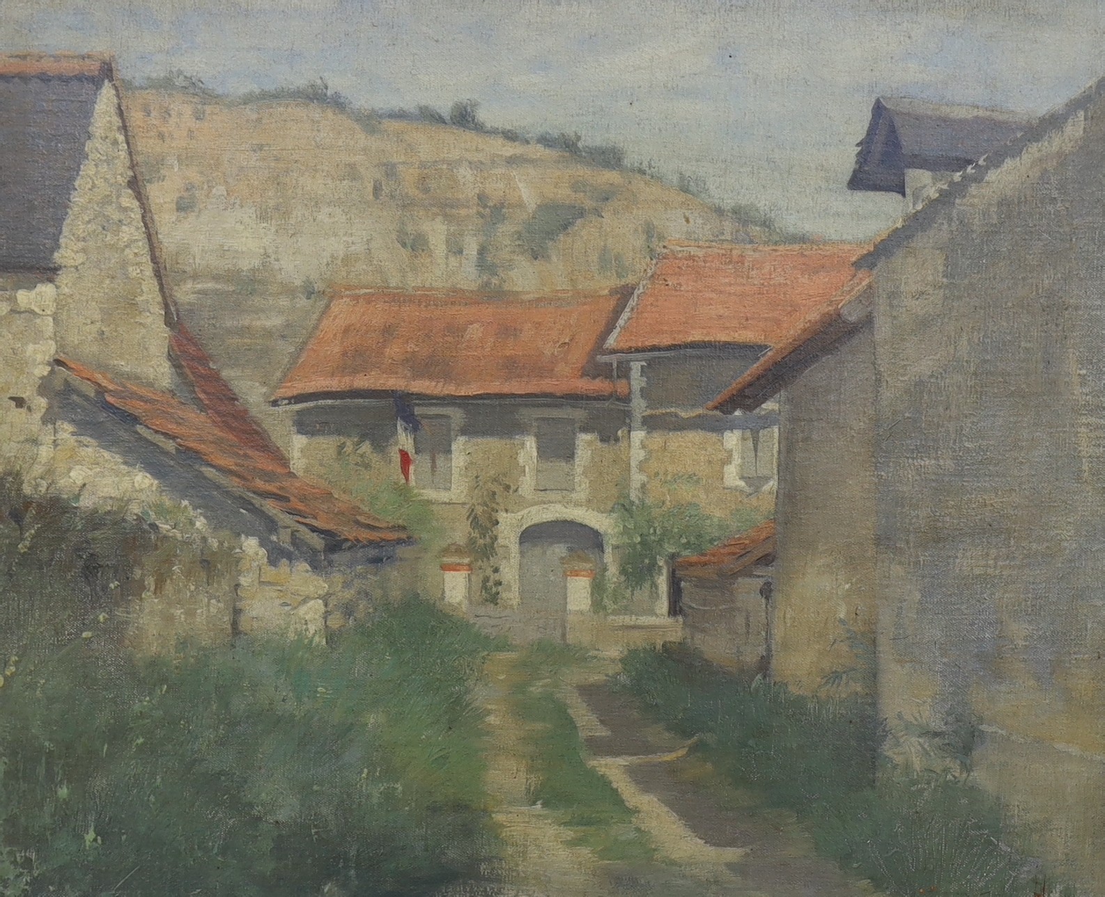 French School, oil on canvas board, Village street scene, indistinctly signed, 37 x 45cm